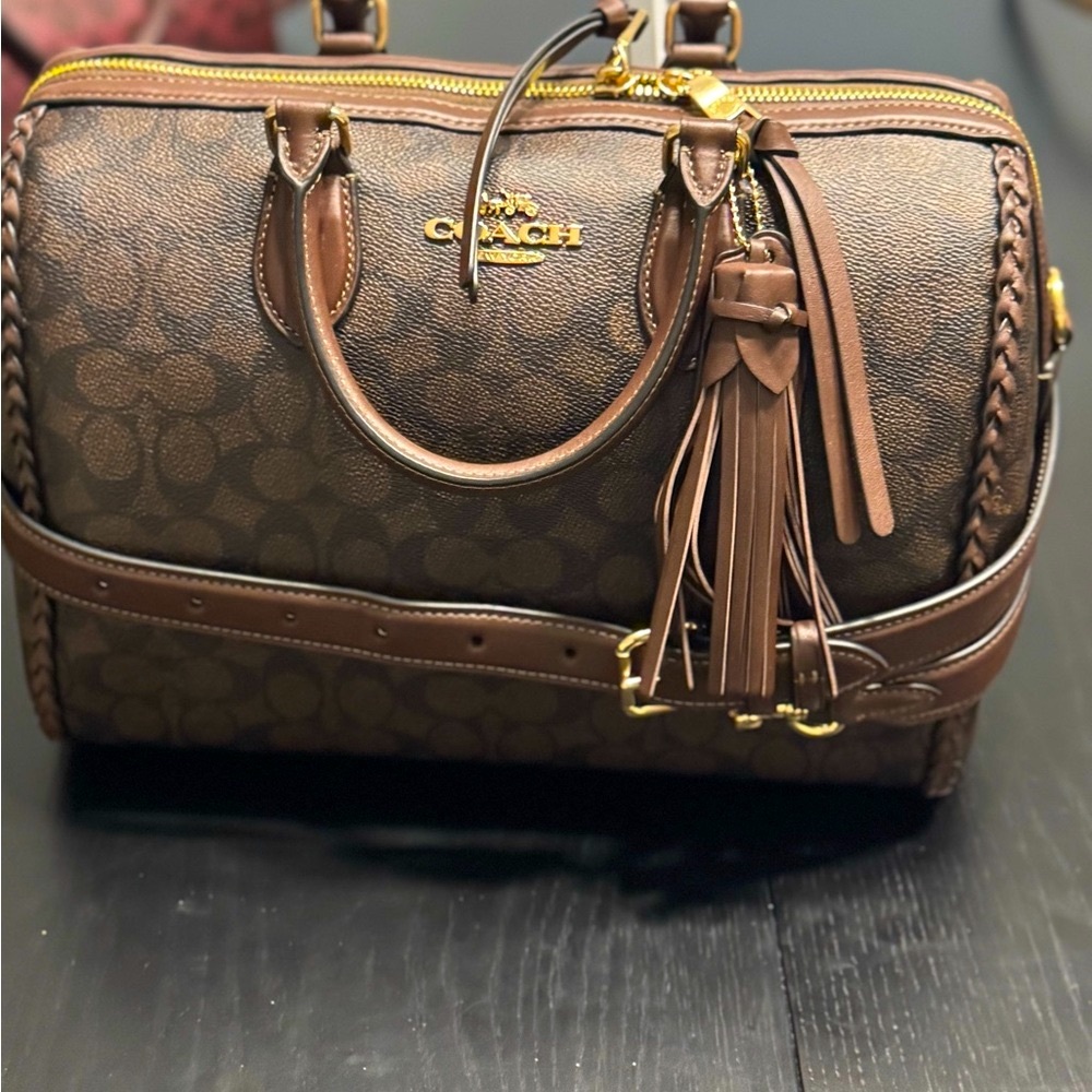 Coach Brown Signature Canvas Satchel with Tassel and Gold Hardware